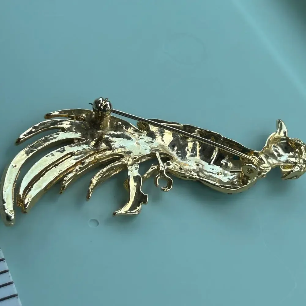 Vintage Multi-Colored Enamel Peacock Brooch Gold-Tone Rhinestone Bird Pin